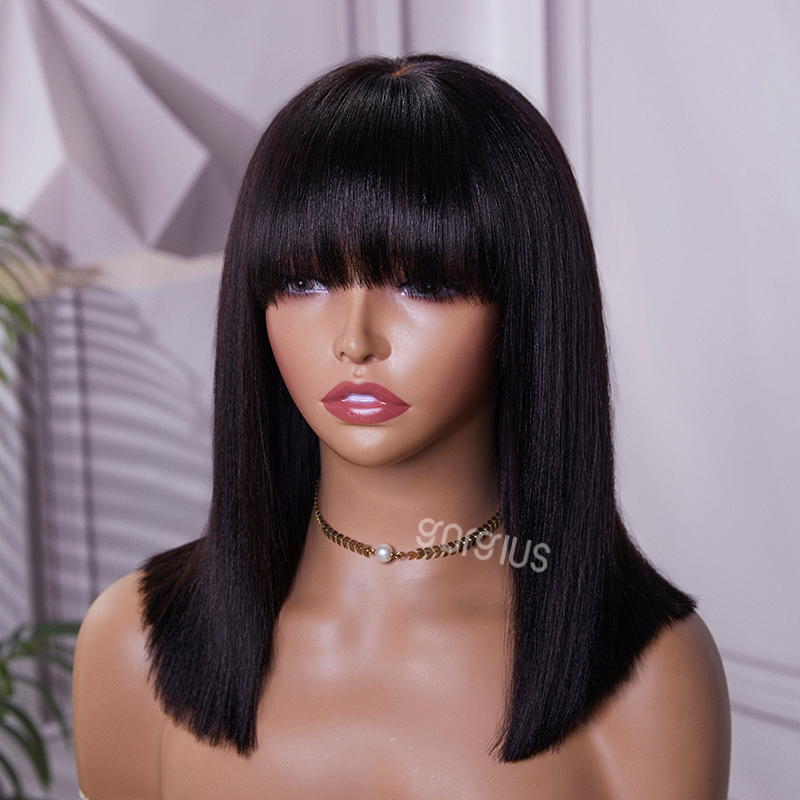 Rectangular Scalp Swiss HD lace Yaki Straight Bob Wig with Bang
