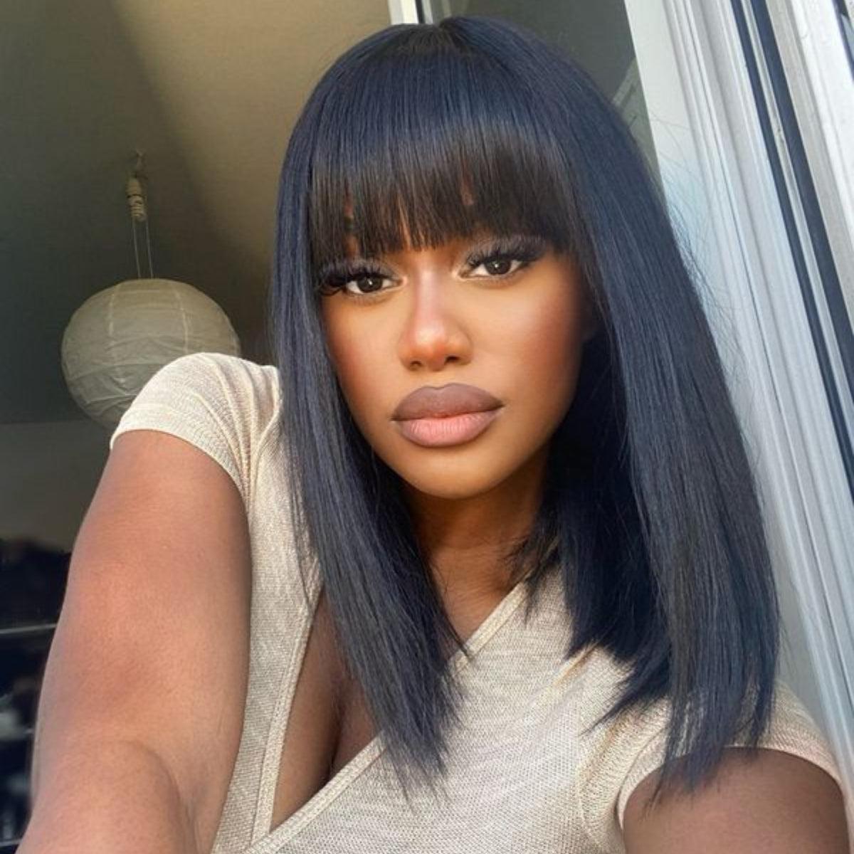Rectangular Scalp Swiss HD lace Yaki Straight Bob Wig with Bang