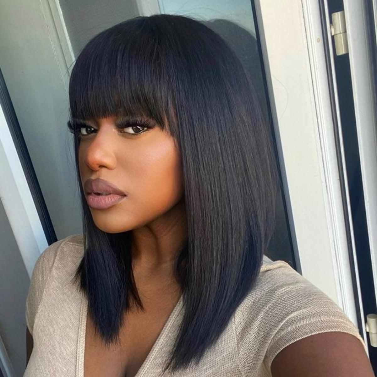 Rectangular Scalp Swiss HD lace Yaki Straight Bob Wig with Bang
