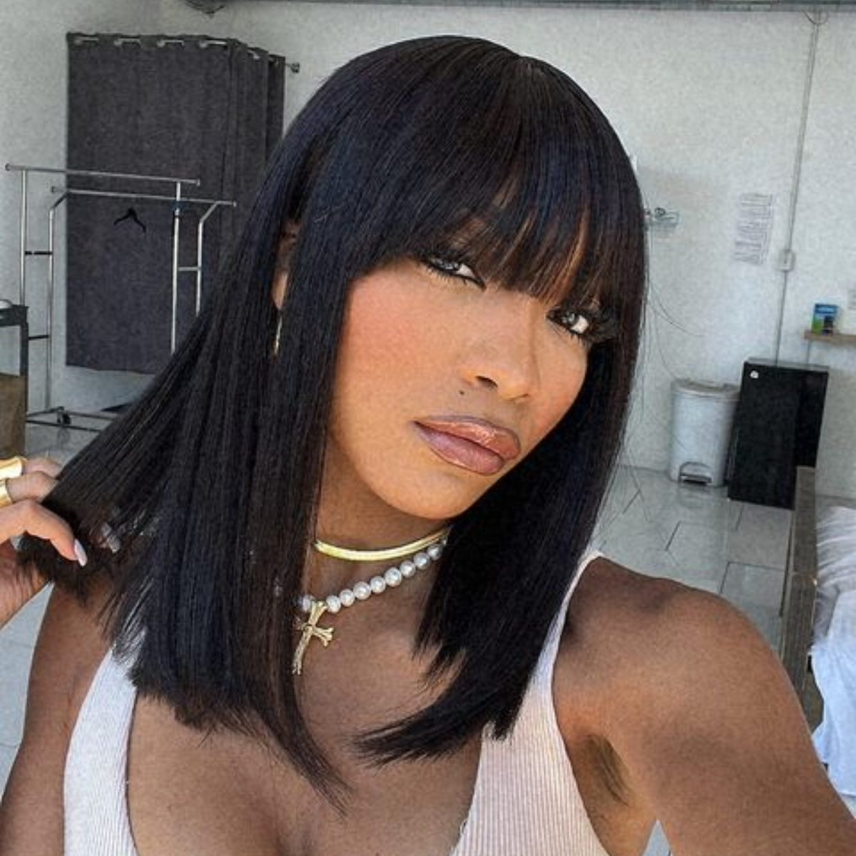 Rectangular Scalp Swiss HD lace Yaki Straight Bob Wig with Bang