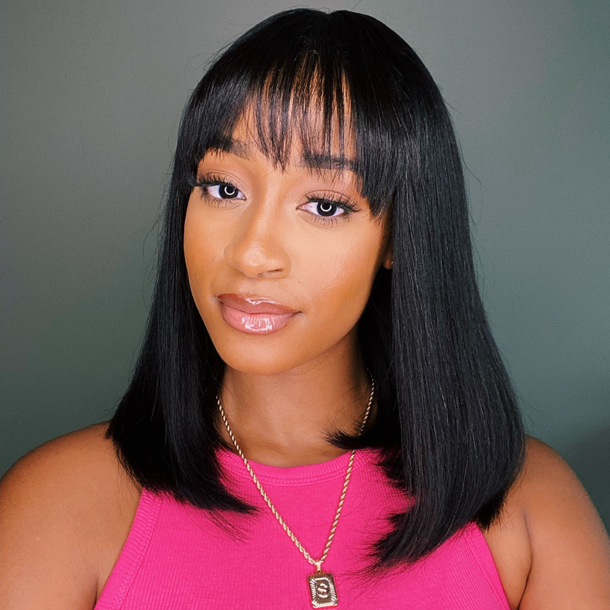 Rectangular Scalp Swiss HD lace Yaki Straight Bob Wig with Bang